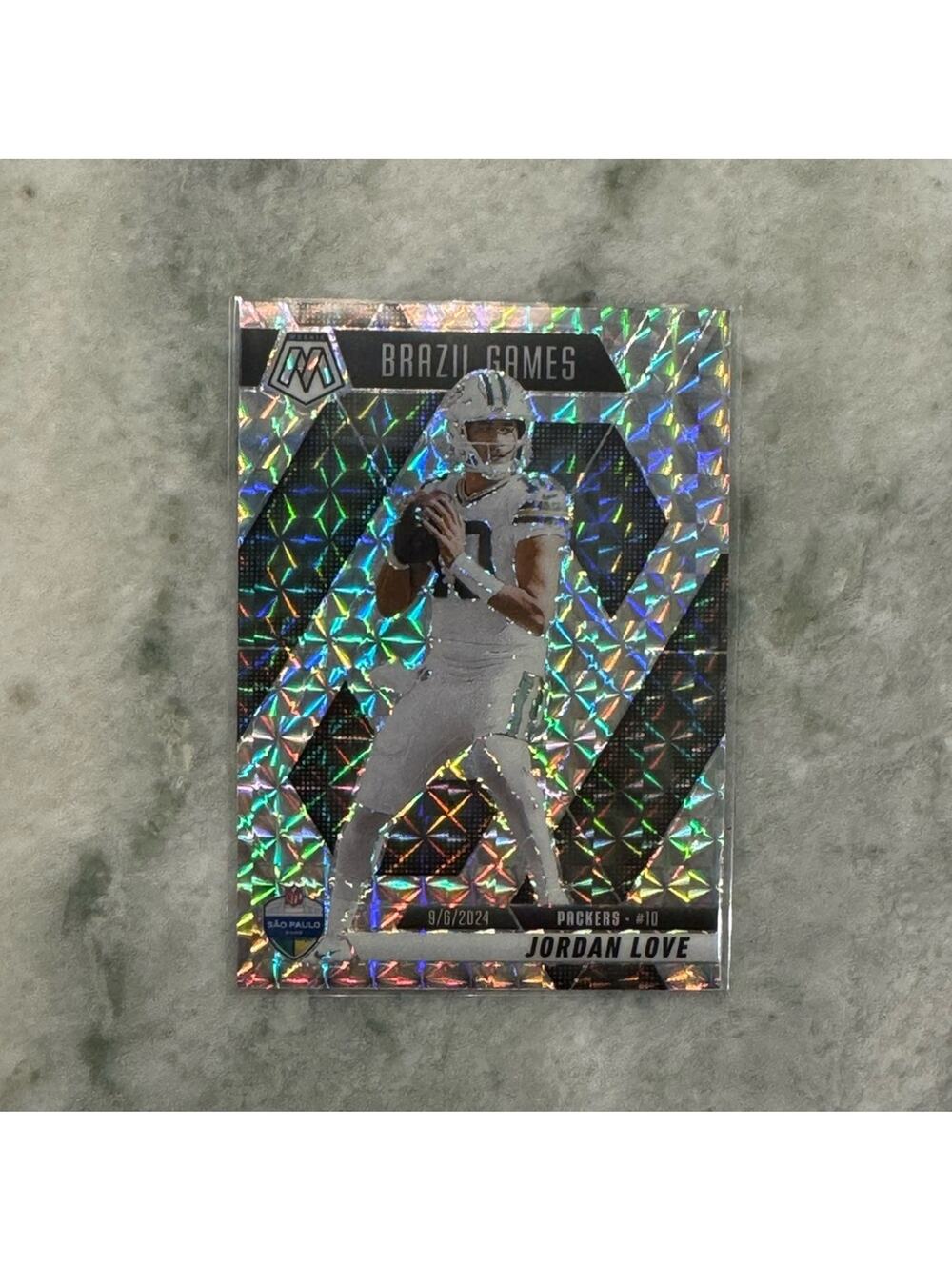 🔥 2025 Jordan Love Panini Mosaic Silver Reactive Prizm Brazil Game. Green Bay